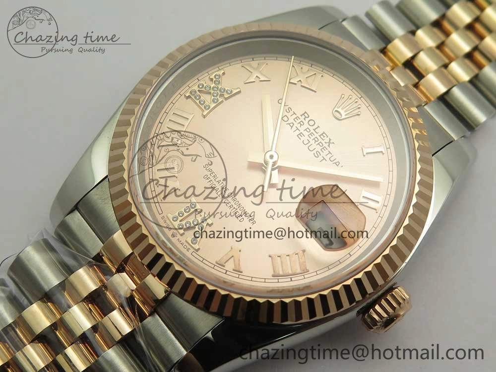 DateJust 36 SS RG 116231 RZF Best Edition 904L Steel RG Dial Diamond Roman Markers on SS RG Bracelet A2824