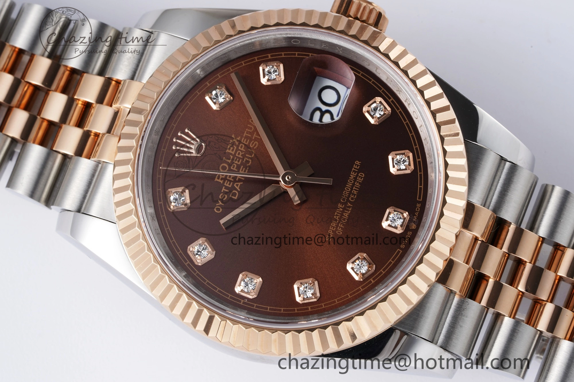 DateJust 36 SS RG 126231 JDF RG Plated 904L Steel Brown Dial Diamonds Markers on Jubilee Bracelet V2