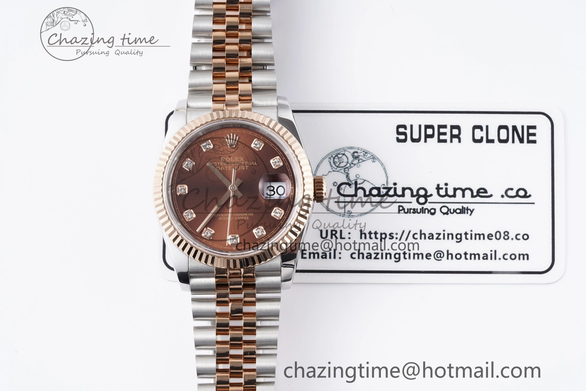 DateJust 36 SS RG 126231 JDF RG Plated 904L Steel Brown Dial Diamonds Markers on Jubilee Bracelet V2