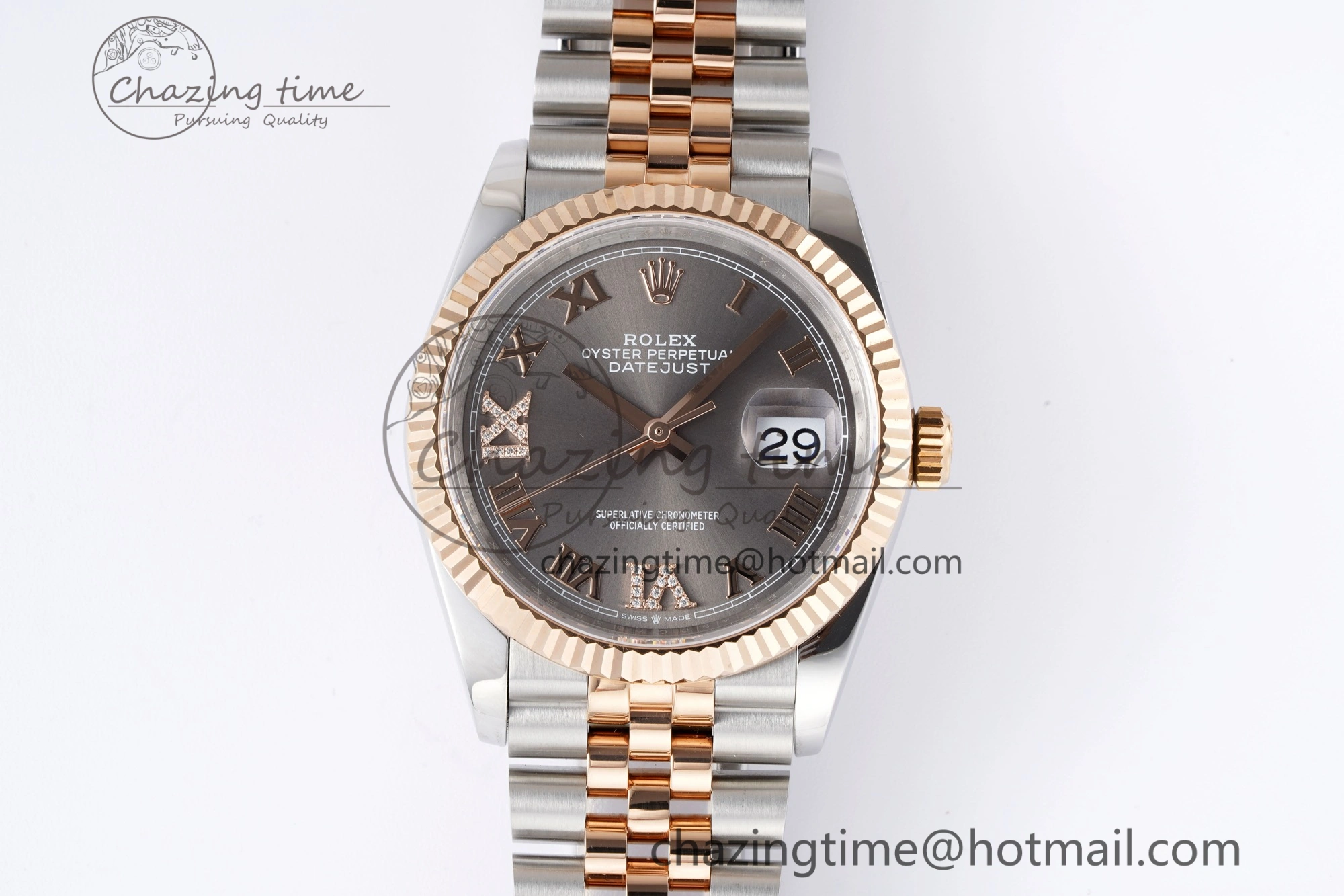 DateJust 36 SS RG 126231 JDF RG Plated 904L Steel Gray Dial Roman Markers on Jubilee Bracelet V2