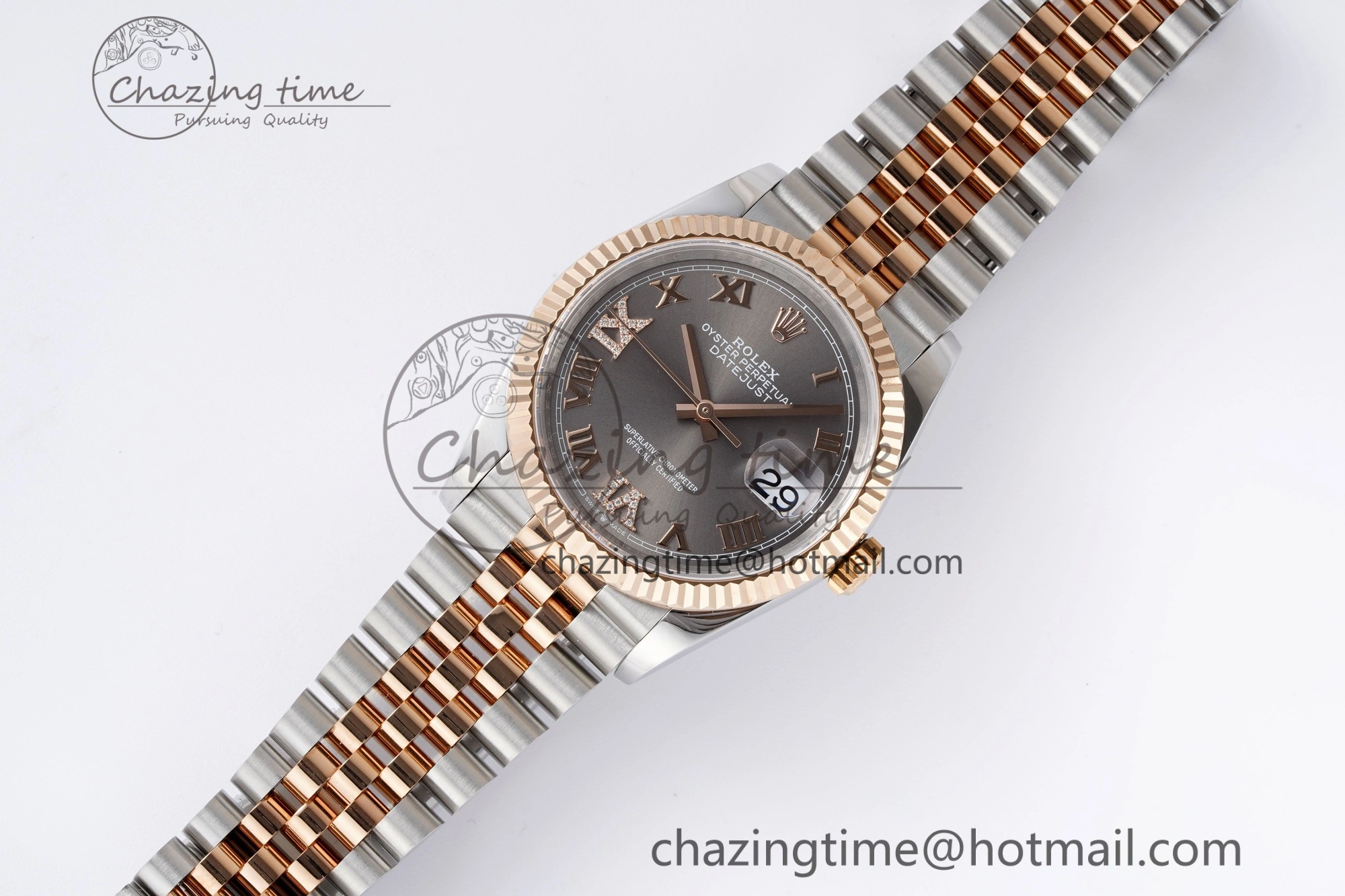 DateJust 36 SS RG 126231 JDF RG Plated 904L Steel Gray Dial Roman Markers on Jubilee Bracelet V2