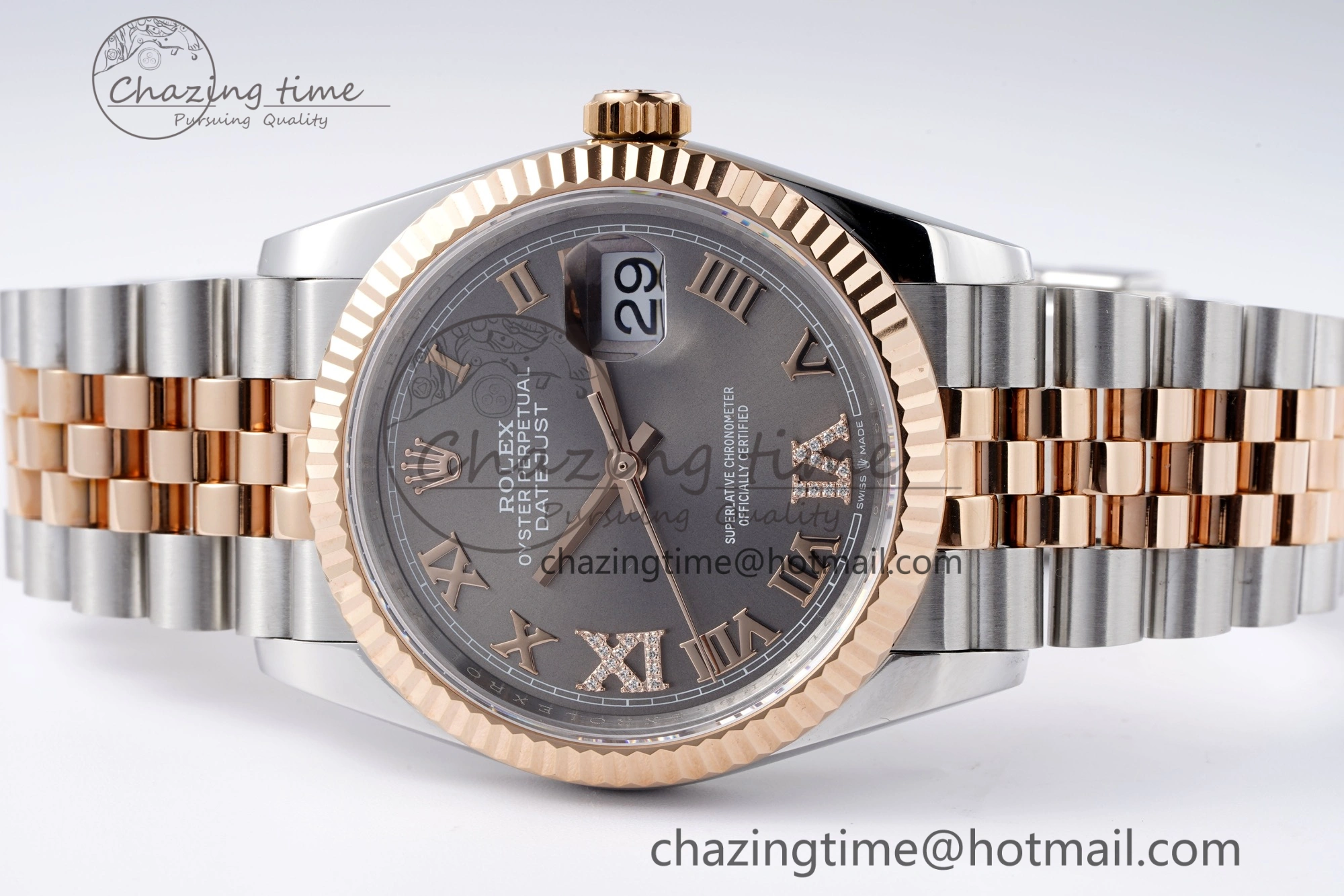 DateJust 36 SS RG 126231 JDF RG Plated 904L Steel Gray Dial Roman Markers on Jubilee Bracelet V2
