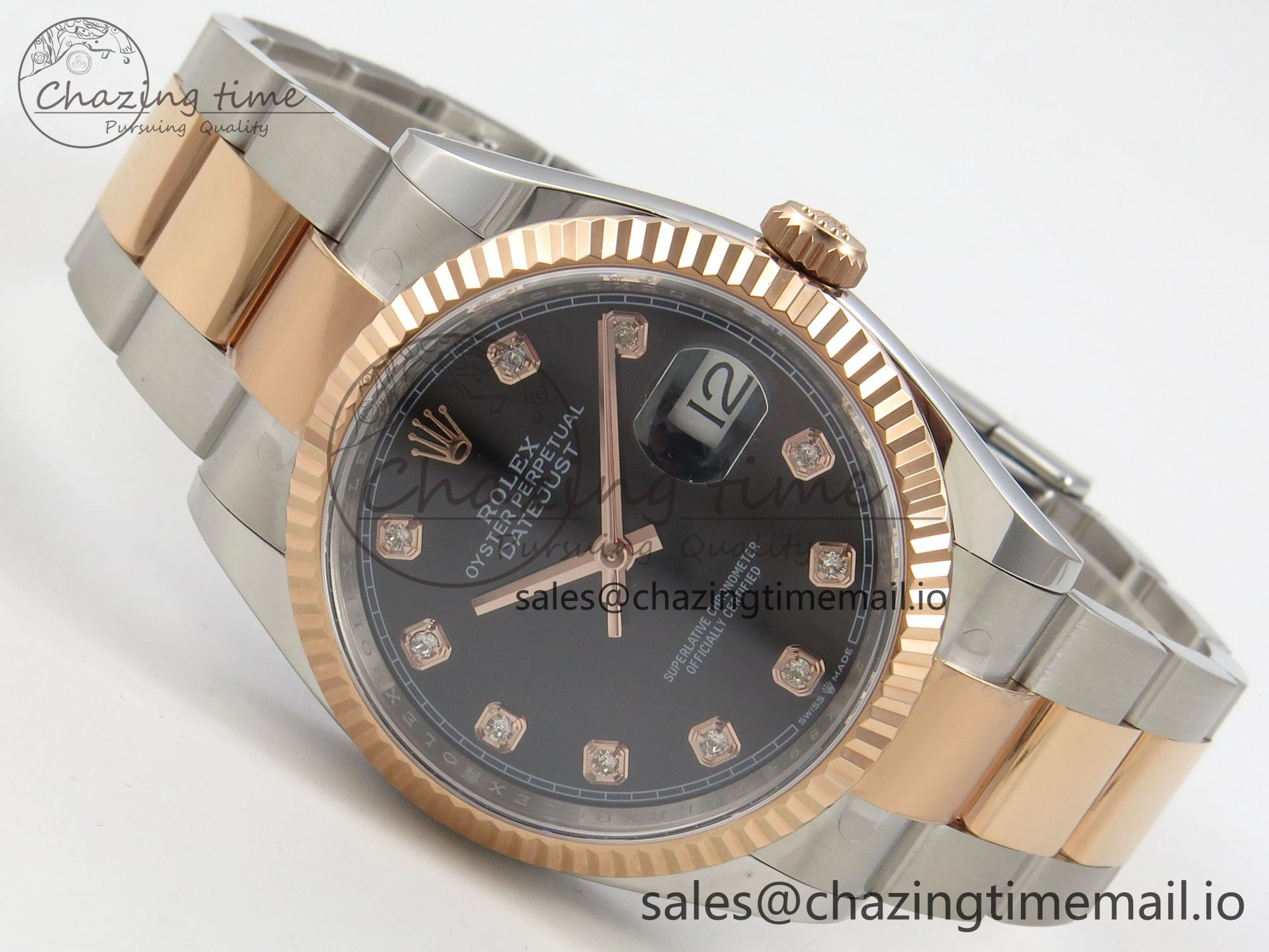 DateJust 36 SS RG ARF 1:1 Best Edition 904L Steel Black Diamonds Dial on Oyster Bracelet SH3235