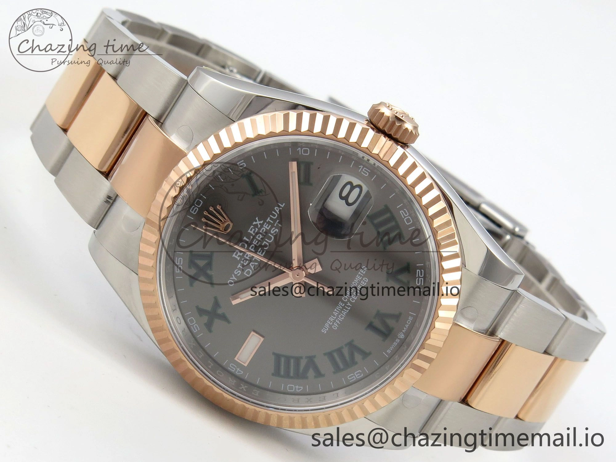 DateJust 36 SS RG ARF 1:1 Best Edition 904L Steel Gray Dial Green Roman on Oyster Bracelet SH3235