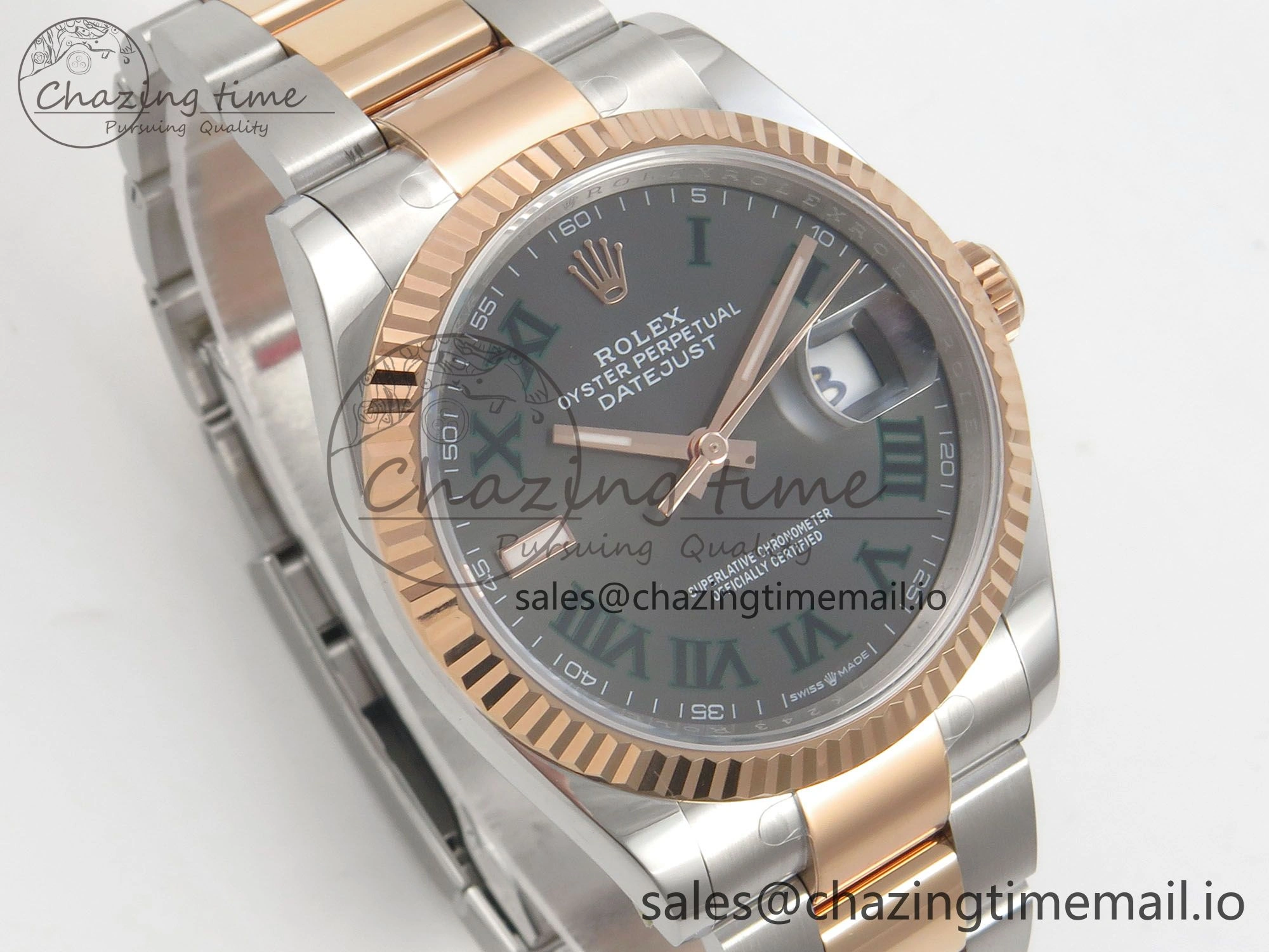 DateJust 36 SS RG ARF 1:1 Best Edition 904L Steel Gray Dial Green Roman on Oyster Bracelet SH3235