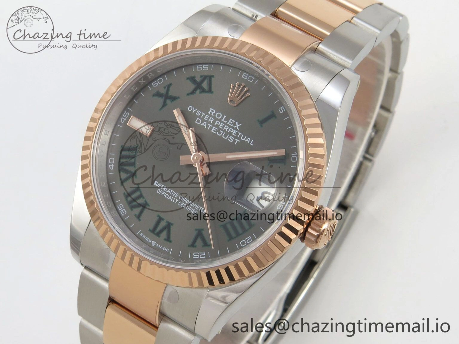 DateJust 36 SS RG ARF 1:1 Best Edition 904L Steel Gray Dial Green Roman on Oyster Bracelet SH3235