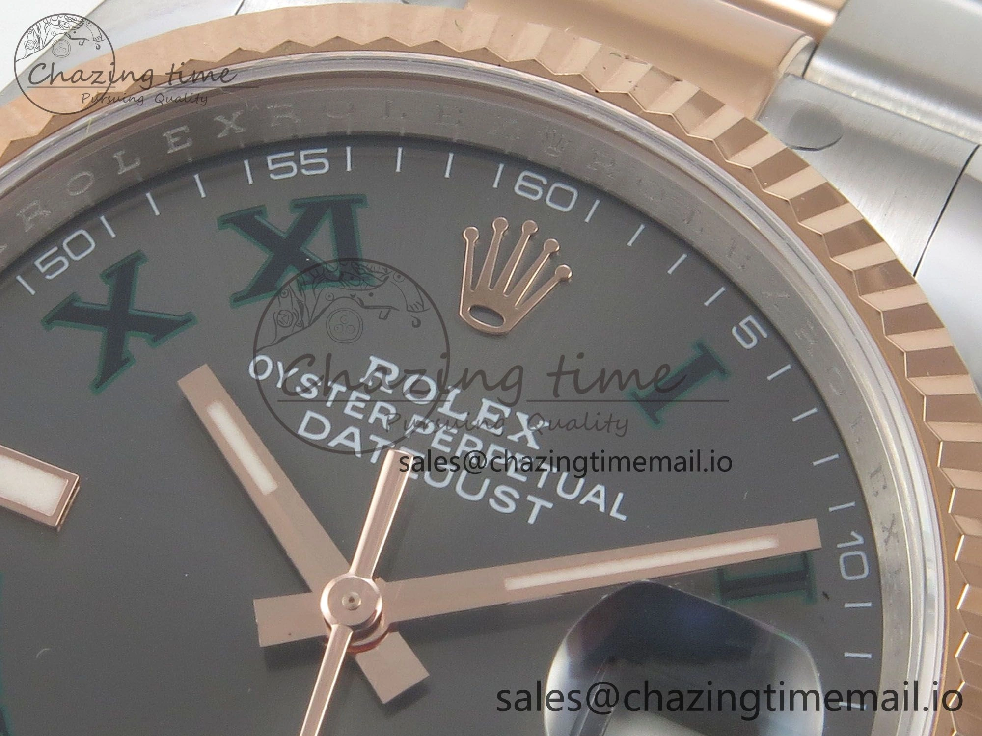 DateJust 36 SS RG ARF 1:1 Best Edition 904L Steel Gray Dial Green Roman on Oyster Bracelet SH3235