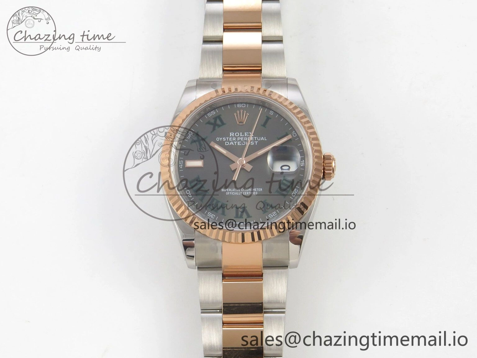 DateJust 36 SS RG ARF 1:1 Best Edition 904L Steel Gray Dial Green Roman on Oyster Bracelet SH3235
