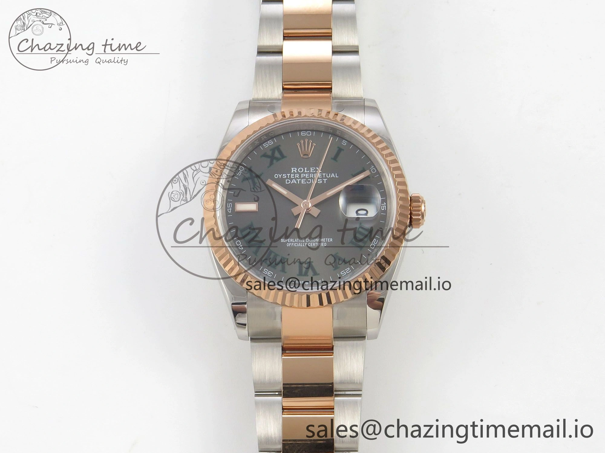 DateJust 36 SS RG ARF 1:1 Best Edition 904L Steel Gray Dial Green Roman on Oyster Bracelet SH3235