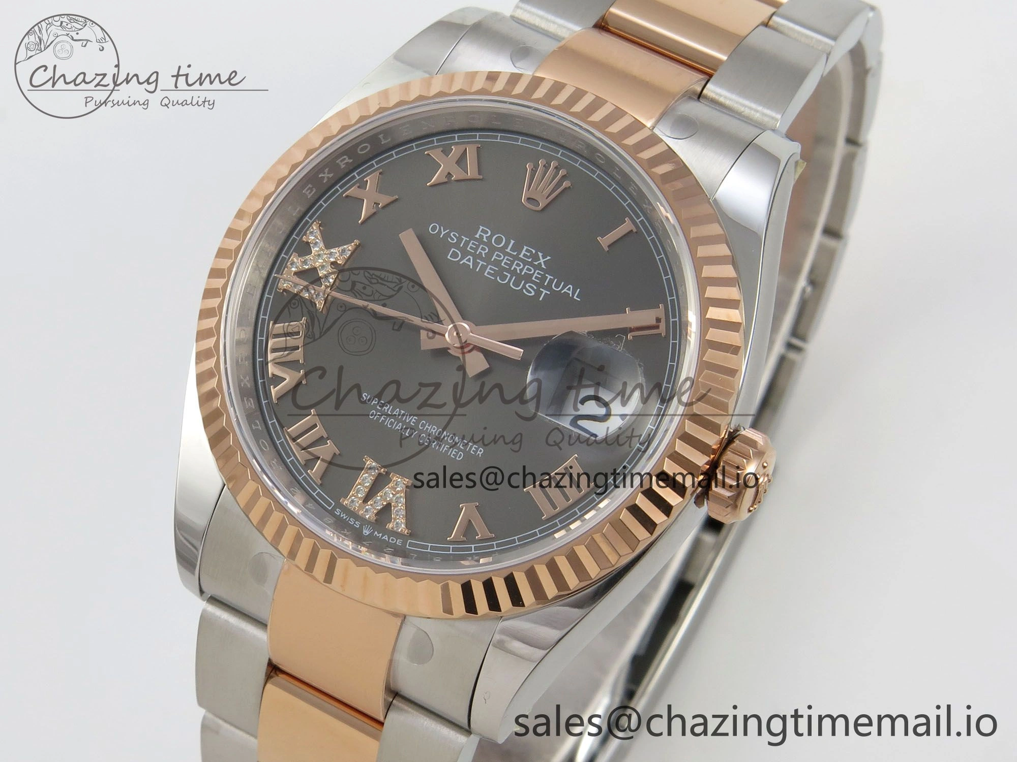 DateJust 36 SS RG ARF 1:1 Best Edition 904L Steel Gray Dial RG Roman on Oyster Bracelet SH3235