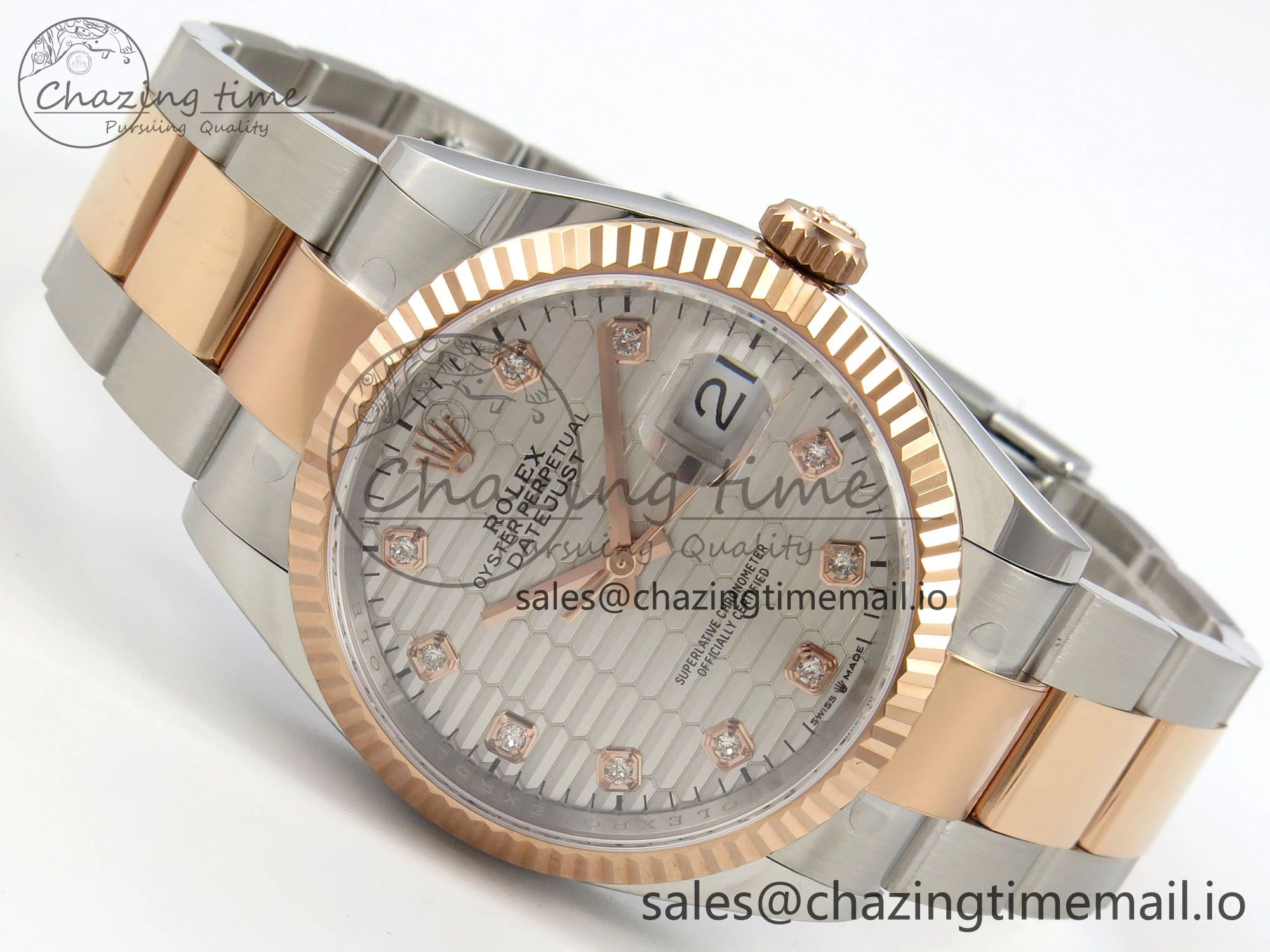 DateJust 36 SS RG ARF 1:1 Best Edition 904L Steel Silver Textured Diamonds Dial on Oyster Bracelet SH3235