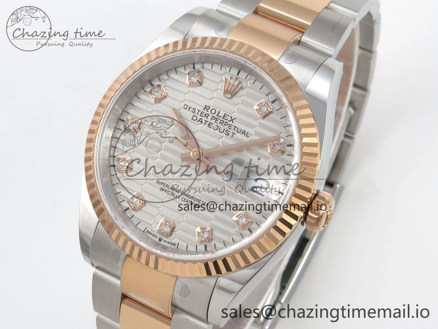 DateJust 36 SS RG ARF 1:1 Best Edition 904L Steel Silver Textured Diamonds Dial on Oyster Bracelet SH3235