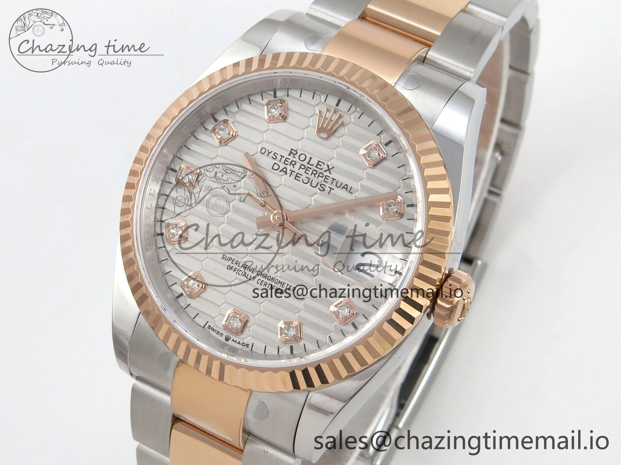 DateJust 36 SS RG ARF 1:1 Best Edition 904L Steel Silver Textured Diamonds Dial on Oyster Bracelet SH3235