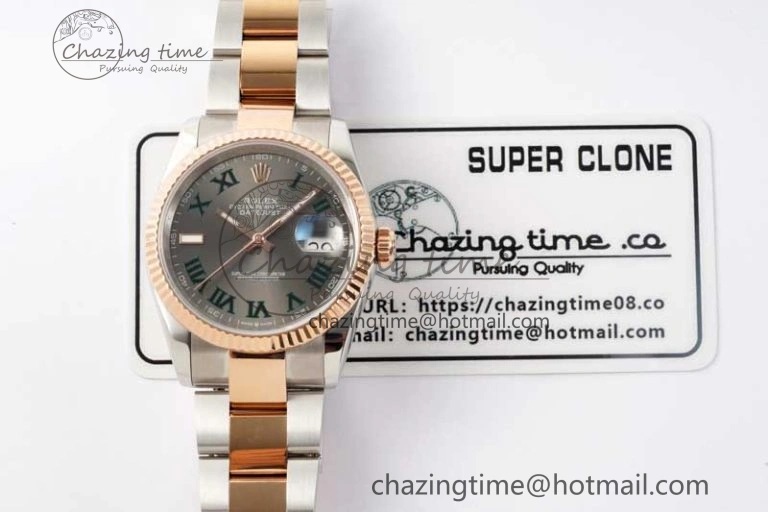 DateJust 36 SS RG DIWF 1:1 Best Edition 904L Steel Gray Dial Green Markers on Oyster Bracelet SA3235
