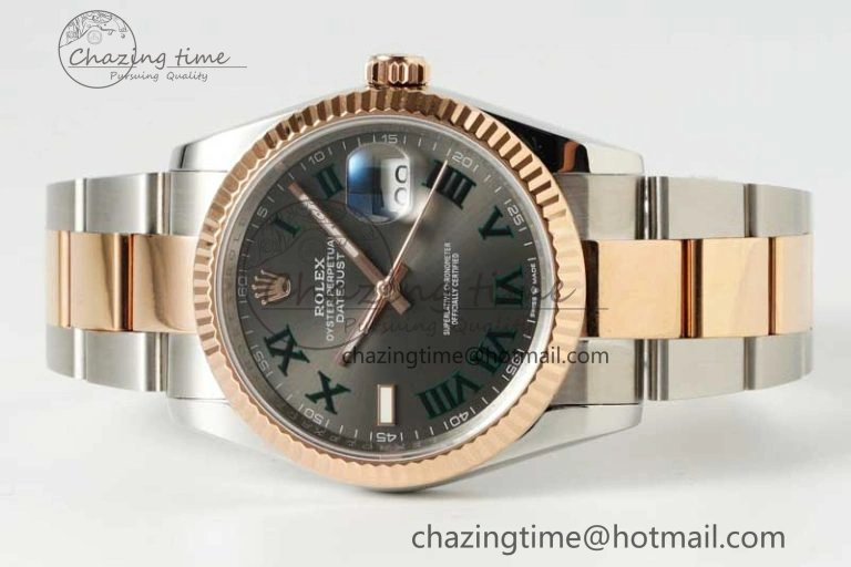 DateJust 36 SS RG DIWF 1:1 Best Edition 904L Steel Gray Dial Green Markers on Oyster Bracelet SA3235