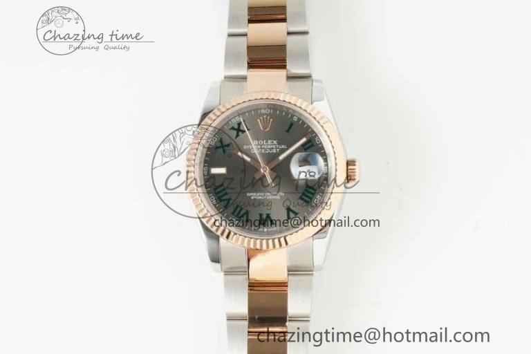 DateJust 36 SS RG DIWF 1:1 Best Edition 904L Steel Gray Dial Green Markers on Oyster Bracelet SA3235