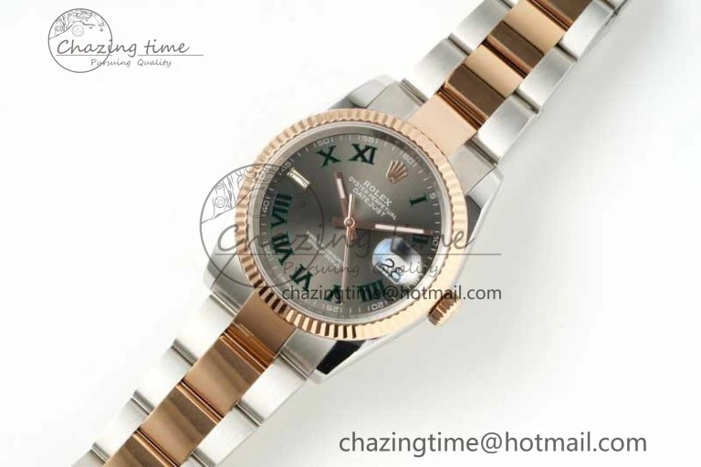 DateJust 36 SS RG DIWF 1:1 Best Edition 904L Steel Gray Dial Green Markers on Oyster Bracelet SA3235
