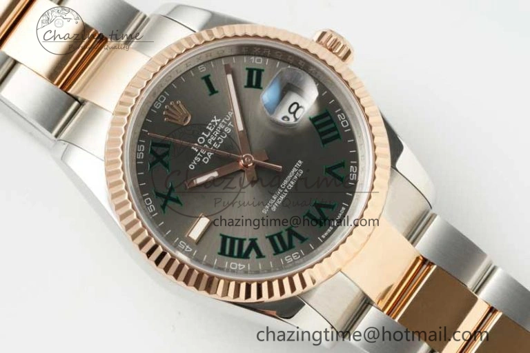 DateJust 36 SS RG DIWF 1:1 Best Edition 904L Steel Gray Dial Green Markers on Oyster Bracelet SA3235