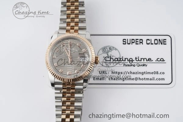 DateJust 36 SS RG Gold Wrapped JDF 1:1 Best Edition Brown Diamonds Textured Dial on Jubilee Bracelet VR3235 V2