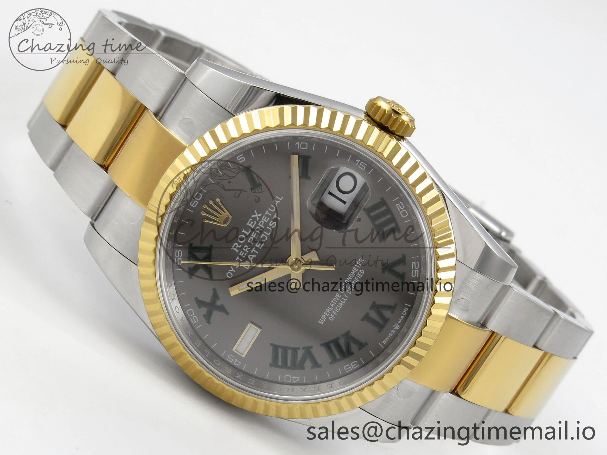 DateJust 36 SS YG ARF 1:1 Best Edition 904L Steel Gray Dial Green Roman on Oyster Bracelet SH3235
