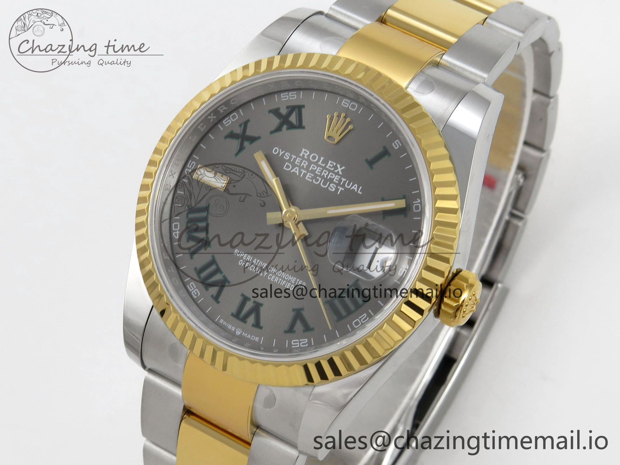 DateJust 36 SS YG ARF 1:1 Best Edition 904L Steel Gray Dial Green Roman on Oyster Bracelet SH3235