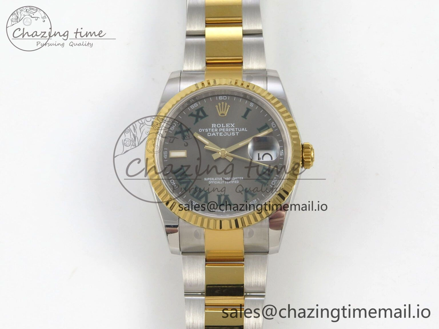 DateJust 36 SS YG ARF 1:1 Best Edition 904L Steel Gray Dial Green Roman on Oyster Bracelet SH3235