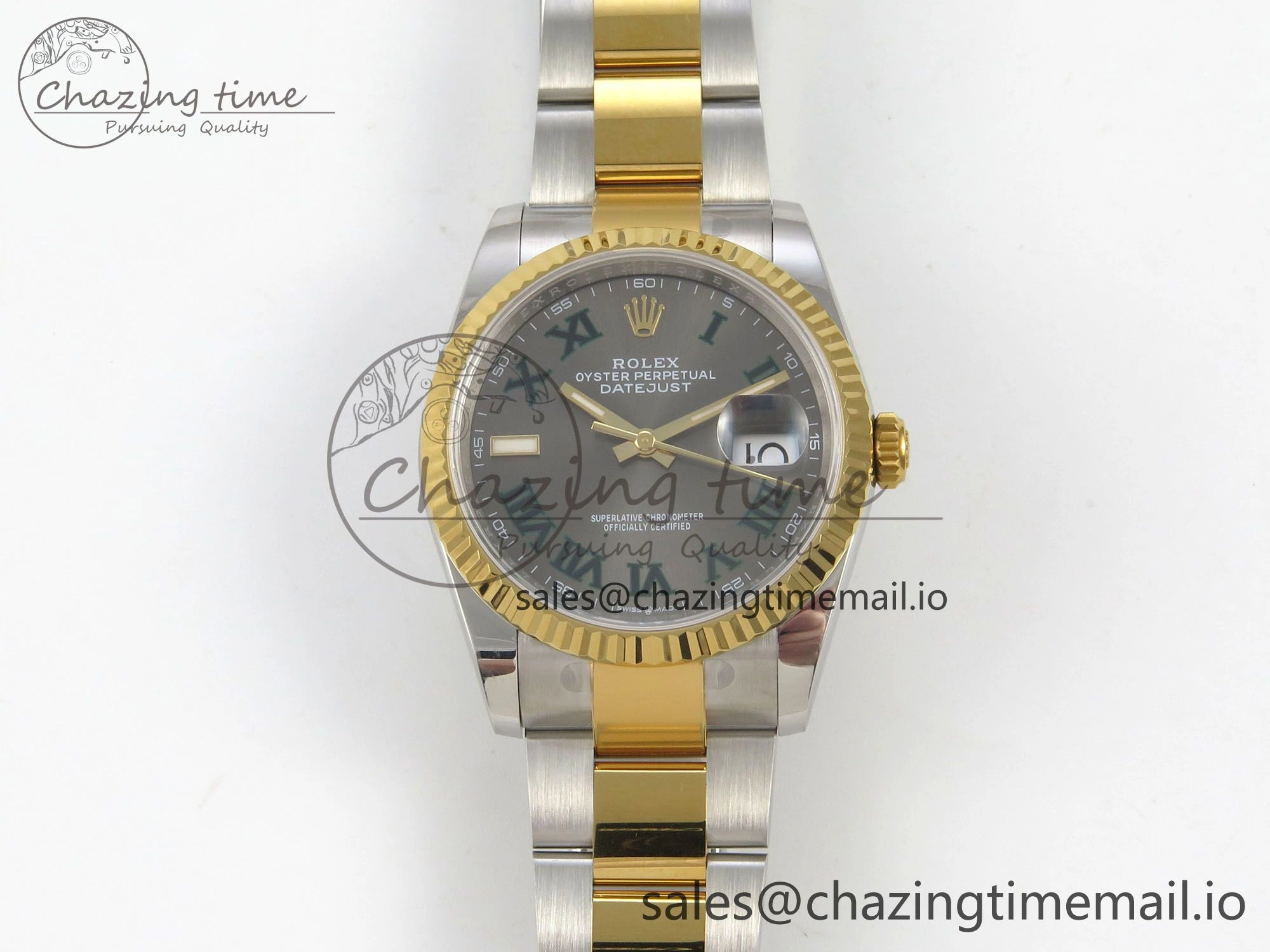 DateJust 36 SS YG ARF 1:1 Best Edition 904L Steel Gray Dial Green Roman on Oyster Bracelet SH3235