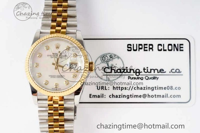 DateJust 36 SS YG DIWF 1:1 Best Edition 904L Steel White MOP Diamonds Dial on Jubilee Bracelet SA3235