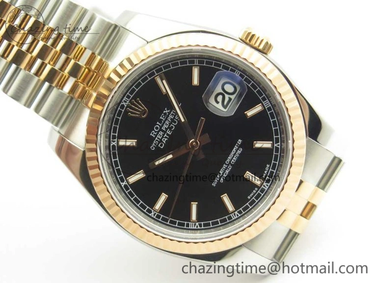 DateJust 36mm 116231 SS RG 904L ARF 1:1 Best Edition Black Dial Sticks Markers on 904L SS RG Jubilee Bracelet SA3135