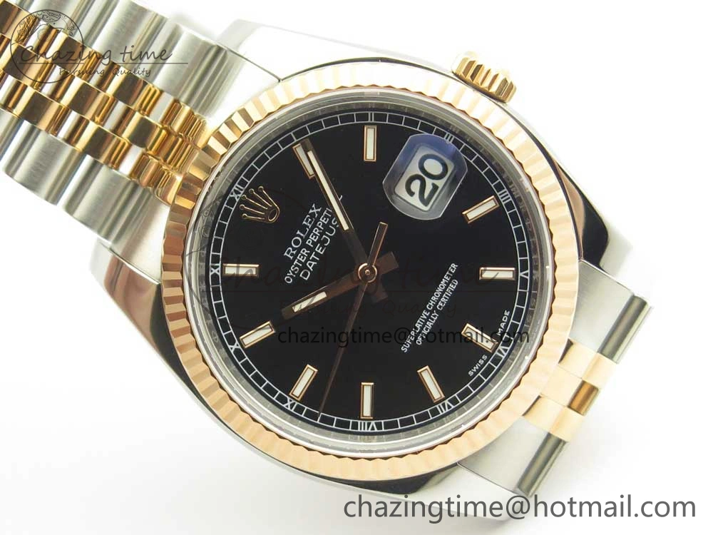 DateJust 36mm 116231 SS RG 904L ARF 1:1 Best Edition Black Dial Sticks Markers on 904L SS RG Jubilee Bracelet SA3135