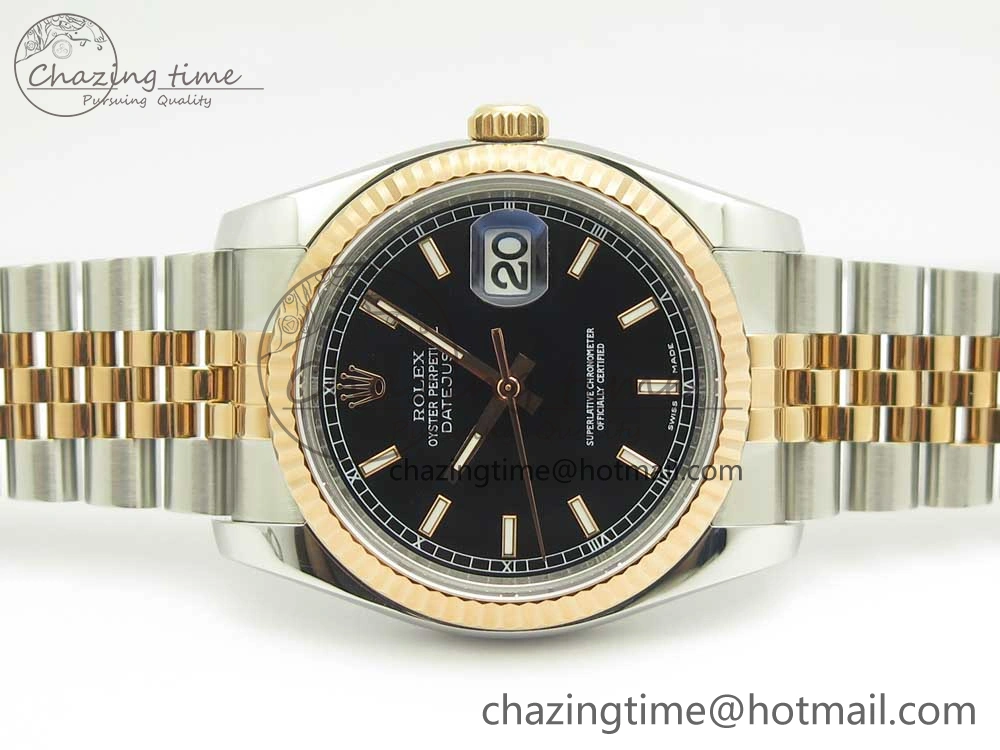 DateJust 36mm 116231 SS RG 904L ARF 1:1 Best Edition Black Dial Sticks Markers on 904L SS RG Jubilee Bracelet SA3135