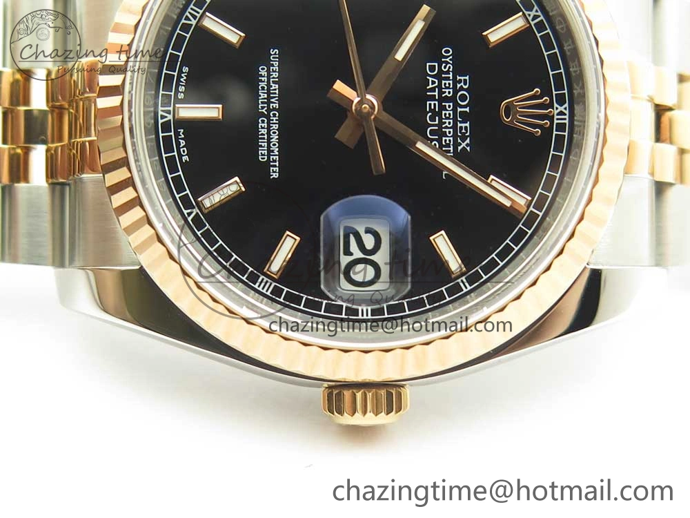 DateJust 36mm 116231 SS RG 904L ARF 1:1 Best Edition Black Dial Sticks Markers on 904L SS RG Jubilee Bracelet SA3135