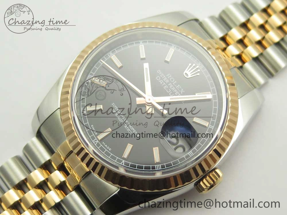 DateJust 36mm 116231 SS RG 904L ARF 1:1 Best Edition Black Dial Sticks Markers on 904L SS RG Jubilee Bracelet SA3135