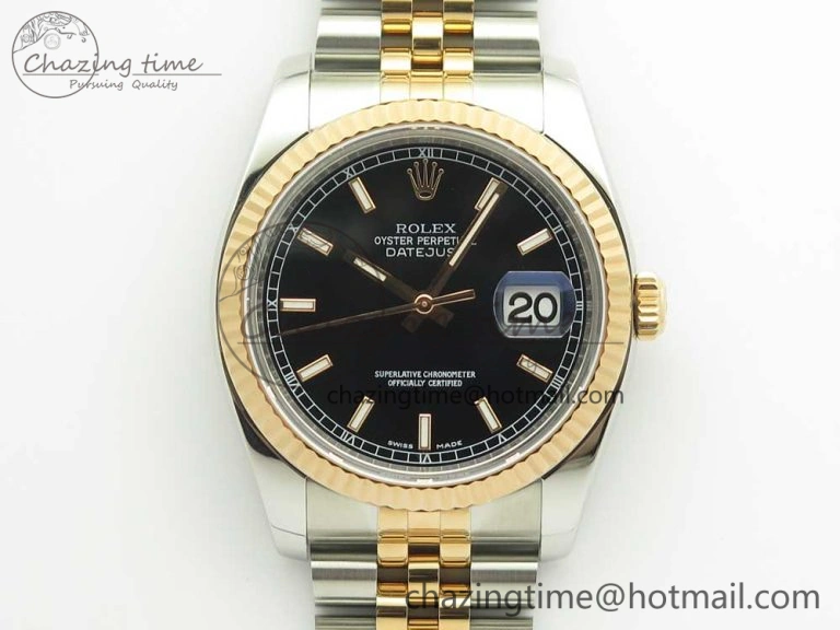 DateJust 36mm 116231 SS RG 904L ARF 1:1 Best Edition Black Dial Sticks Markers on 904L SS RG Jubilee Bracelet SA3135