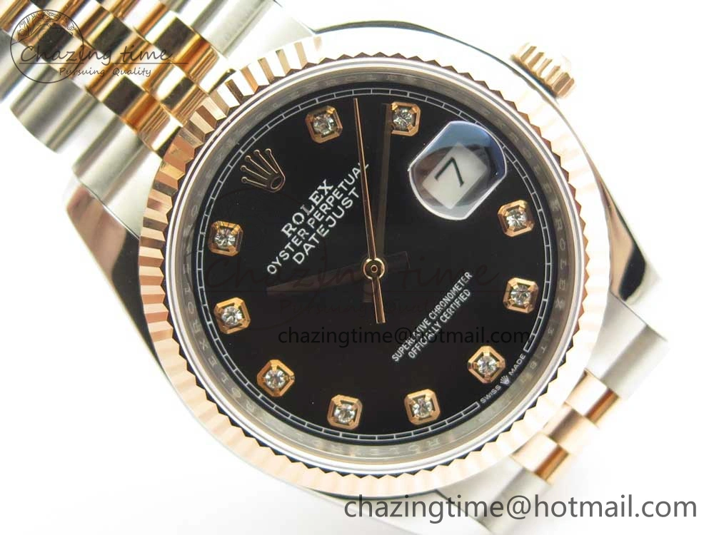 DateJust 36mm 904 SS RG Wrapped 116231 GMF Black Diam Dial on SS RG Wrapped Jubilee Bracelet A2836