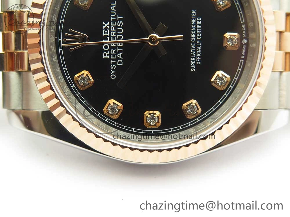 DateJust 36mm 904 SS RG Wrapped 116231 GMF Black Diam Dial on SS RG Wrapped Jubilee Bracelet A2836