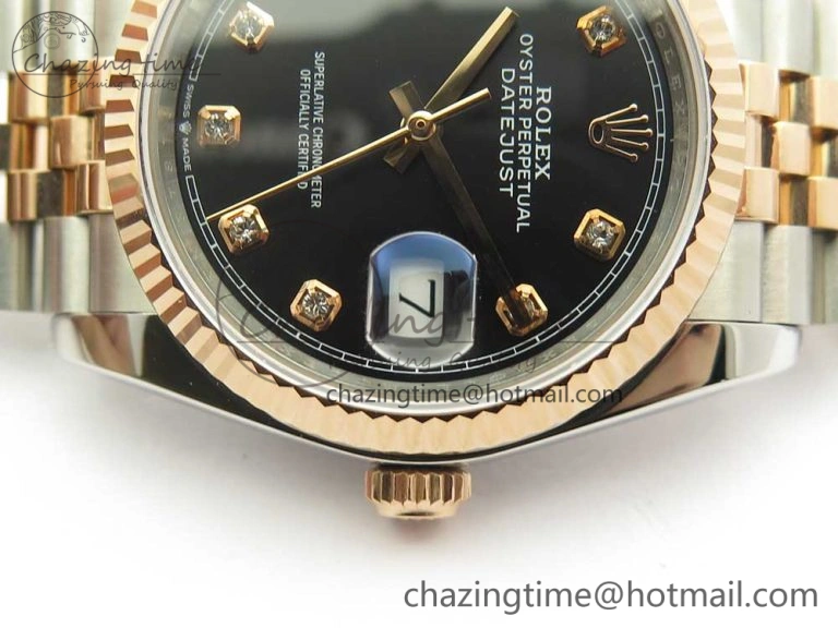 DateJust 36mm 904 SS RG Wrapped 116231 GMF Black Diam Dial on SS RG Wrapped Jubilee Bracelet A2836