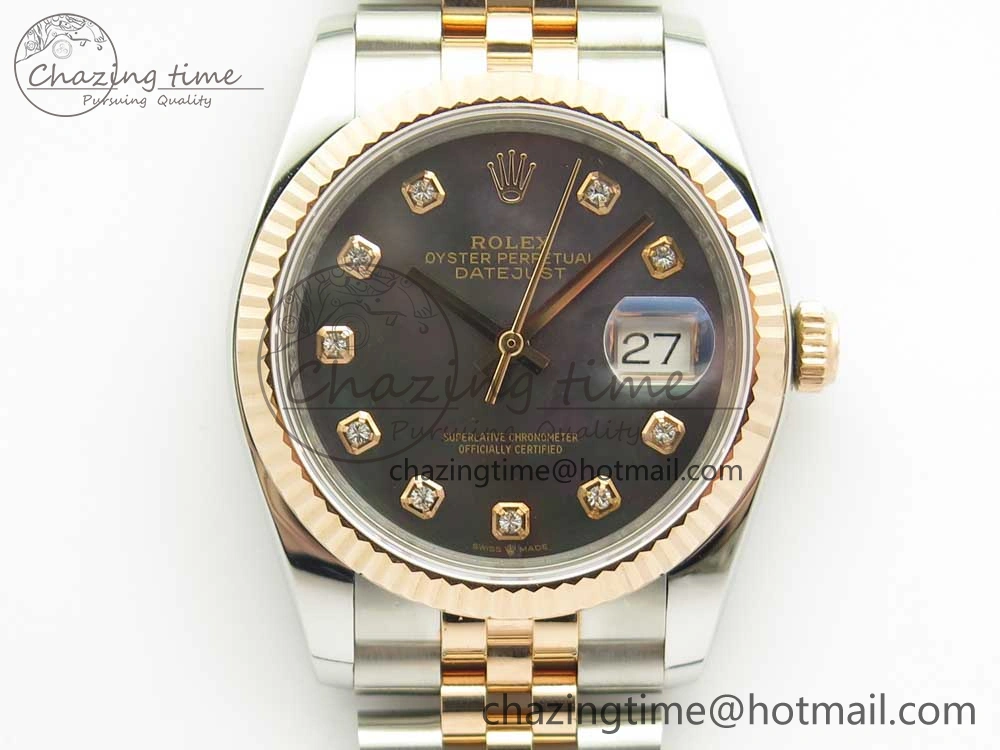 DateJust 36mm 904 SS RG Wrapped 116231 GMF Black MOP Diam Dial on SS RG Wrapped Jubilee Bracelet A2836