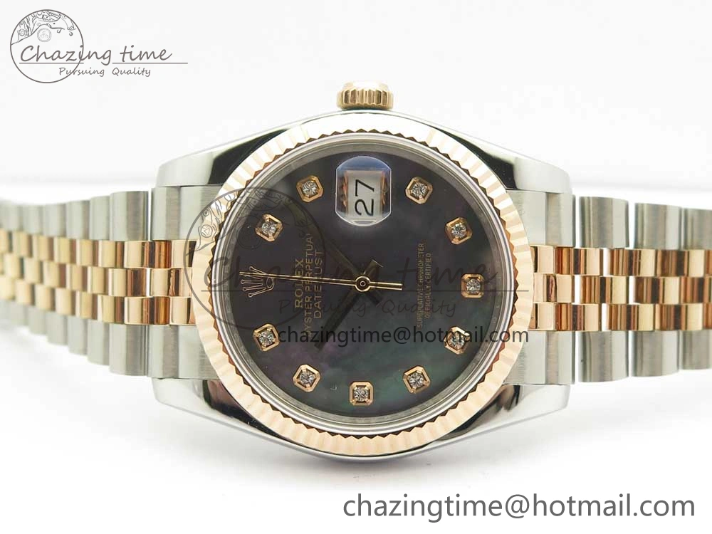 DateJust 36mm 904 SS RG Wrapped 116231 GMF Black MOP Diam Dial on SS RG Wrapped Jubilee Bracelet A2836