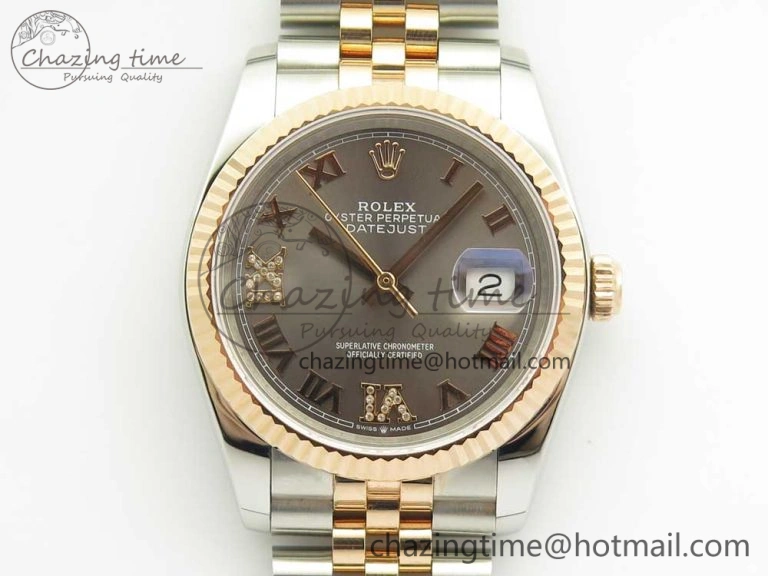 DateJust 36mm 904 SS RG Wrapped 116231 GMF Gray Dial Roman Diam Markers on SS RG Wrapped Jubilee Bracelet A2836