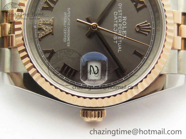 DateJust 36mm 904 SS RG Wrapped 116231 GMF Gray Dial Roman Diam Markers on SS RG Wrapped Jubilee Bracelet A2836