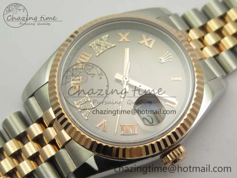 DateJust 36mm 904 SS RG Wrapped 116231 GMF Gray Dial Roman Diam Markers on SS RG Wrapped Jubilee Bracelet A2836
