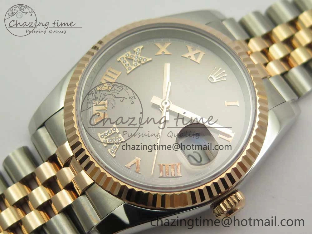 DateJust 36mm 904 SS RG Wrapped 116231 GMF Gray Dial Roman Diam Markers on SS RG Wrapped Jubilee Bracelet A2836