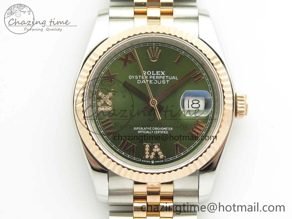 DateJust 36mm 904 SS RG Wrapped 116231 GMF Green Dial Roman Diam Markers on SS RG Wrapped Jubilee Bracelet A2836