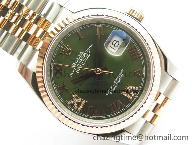 DateJust 36mm 904 SS RG Wrapped 116231 GMF Green Dial Roman Diam Markers on SS RG Wrapped Jubilee Bracelet A2836