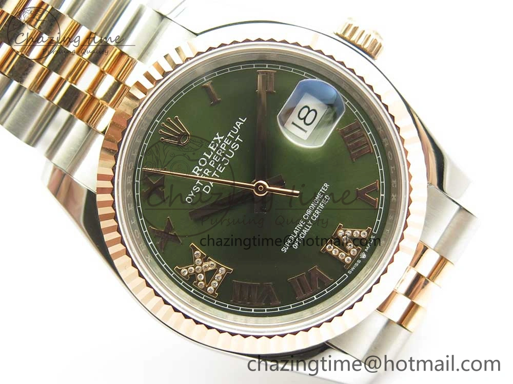 DateJust 36mm 904 SS RG Wrapped 116231 GMF Green Dial Roman Diam Markers on SS RG Wrapped Jubilee Bracelet A2836