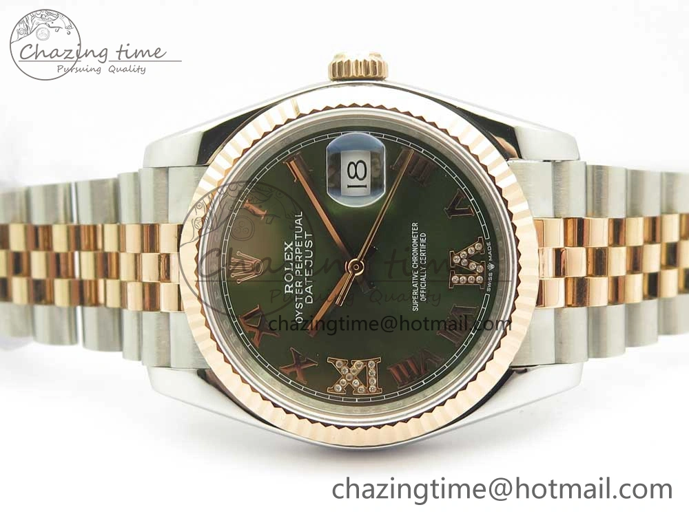 DateJust 36mm 904 SS RG Wrapped 116231 GMF Green Dial Roman Diam Markers on SS RG Wrapped Jubilee Bracelet A2836