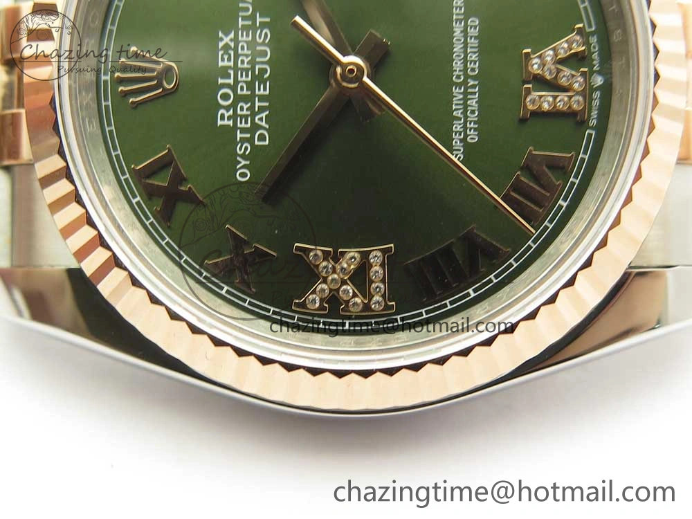 DateJust 36mm 904 SS RG Wrapped 116231 GMF Green Dial Roman Diam Markers on SS RG Wrapped Jubilee Bracelet A2836