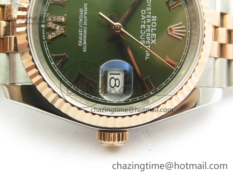 DateJust 36mm 904 SS RG Wrapped 116231 GMF Green Dial Roman Diam Markers on SS RG Wrapped Jubilee Bracelet A2836