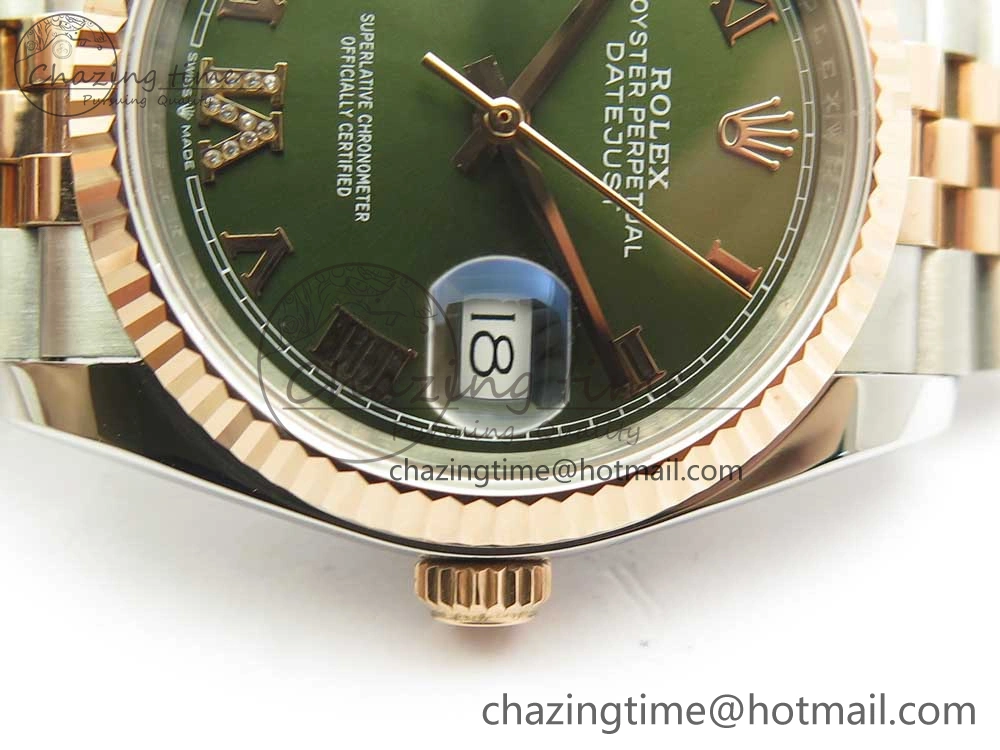 DateJust 36mm 904 SS RG Wrapped 116231 GMF Green Dial Roman Diam Markers on SS RG Wrapped Jubilee Bracelet A2836